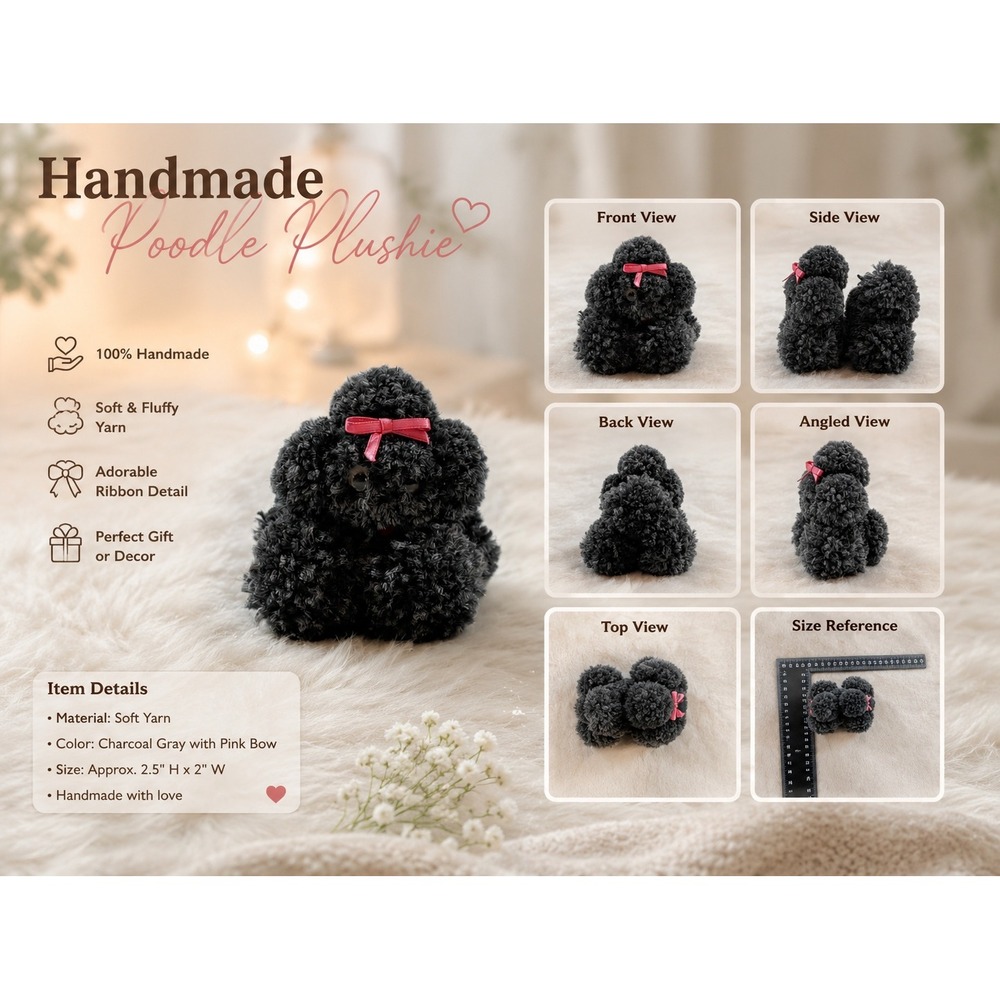 Handmade Yarn Pom Pom Poodle Figurine Black Gray Dog Pink Bow Miniature 2.5 Inch